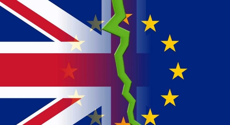 UK And EU Flag split by green lightning