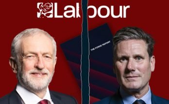 Jeremy Corbyn and Keir Starmer in front of the cover of the Forde Report