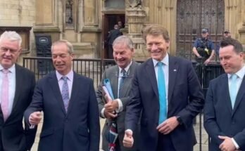 Nigel Farage and the other 4 Reform Party UK Limited MPs arriving at parliament