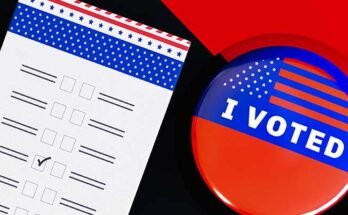 A Ballot paper and a badge saying "I voted" with an American flag on it