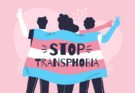 An illustration of 3 people holding the trans flag with the message "Stop Transphobia" on it