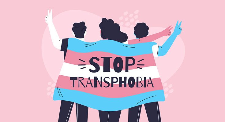 An illustration of 3 people holding the trans flag with the message "Stop Transphobia" on it