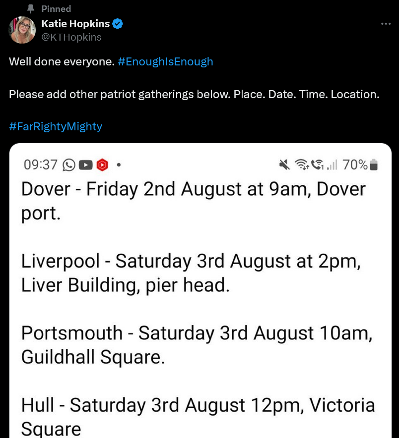 Katie Hopkins on Twitter promoting a "Patriots Gathering"