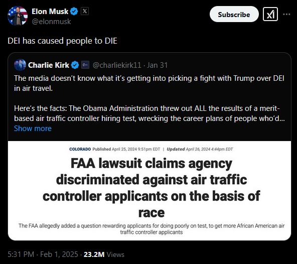 Elon Musk Tweet: DEI has caused people to DIE