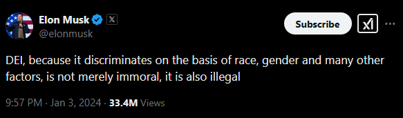 Elon Musk Tweet: DEI, because it discriminates on the basis of race, gender and many other factors, is not merely immoral, it is also illegal