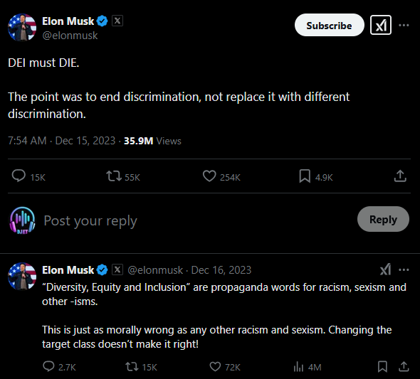 Tweet from Elon Musk: DEI must DIE. The point was to end discrimination, not replace it with different discrimination.