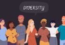 An illustration showing a diverse range of people from different ethnic backgrounds and races standing under the word "Diversity"