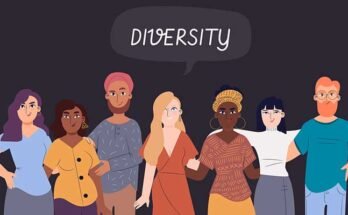 An illustration showing a diverse range of people from different ethnic backgrounds and races standing under the word "Diversity"