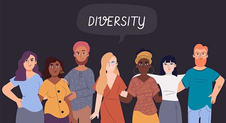 An illustration showing a diverse range of people from different ethnic backgrounds and races standing under the word "Diversity"